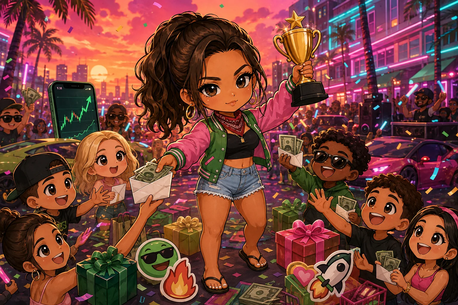 Chibi Lucia sharing cash envelopes and gifts with cheering fans at a neon street party